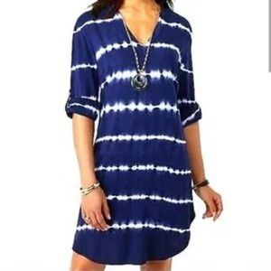 Light Navy Blue + White Shibori Roll Tab V Neck Dress Size Medium EUC